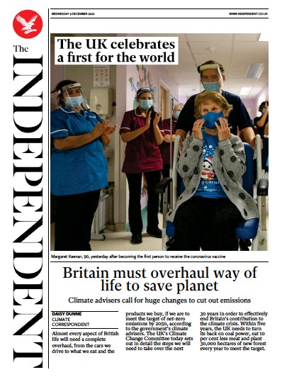 The Independent Newspaper Front Page for 9 December 2020