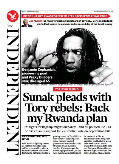 The Independent (UK) Newspaper Front Page for 9 December 2023