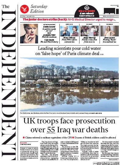 The Independent Newspaper Front Page for 9 January 2016