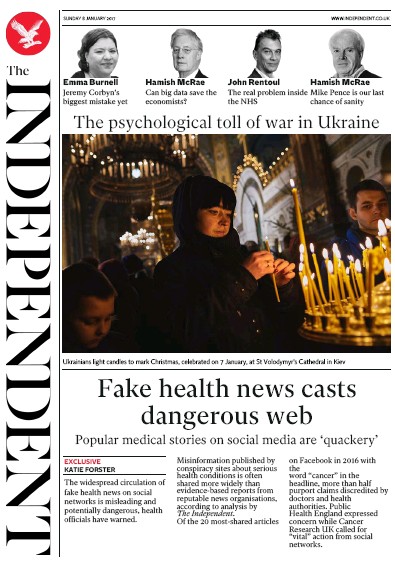 The Independent (UK) Newspaper Front Page for 9 January 2017