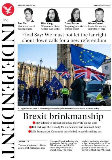 The Independent (UK) Newspaper Front Page for 9 January 2019