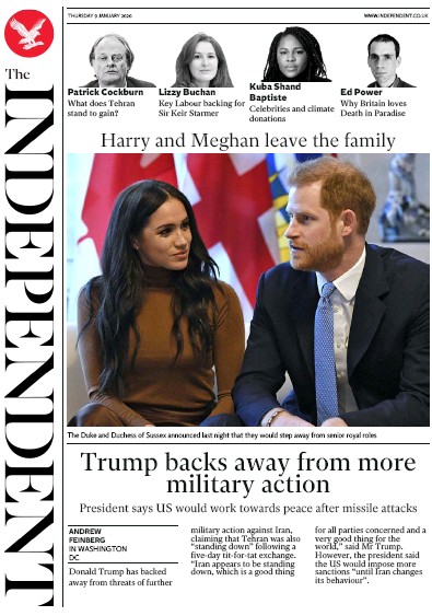 The Independent Newspaper Front Page for 9 January 2020