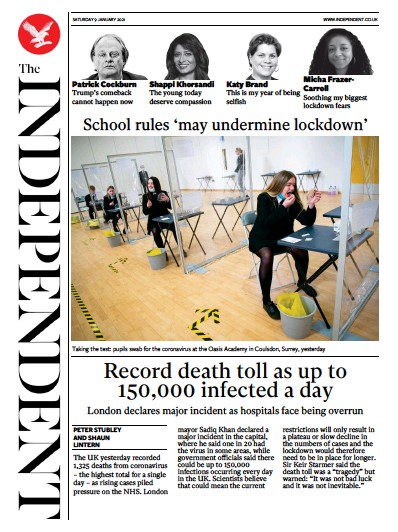The Independent (UK) Newspaper Front Page for 9 January 2021