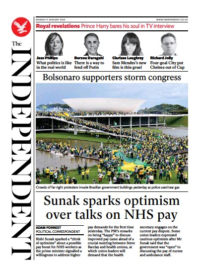 The Independent (UK) Newspaper Front Page for 9 January 2023