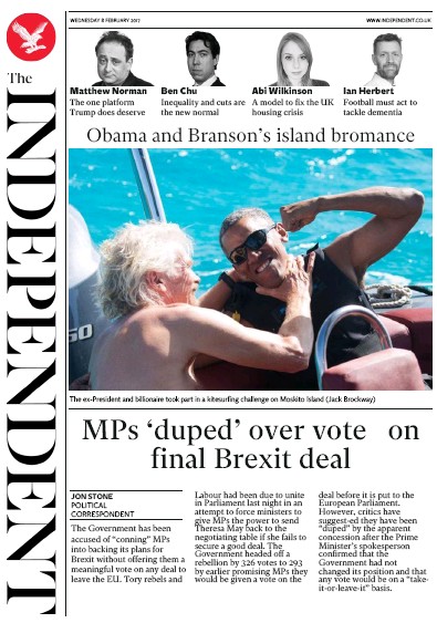 The Independent Newspaper Front Page for 9 February 2017