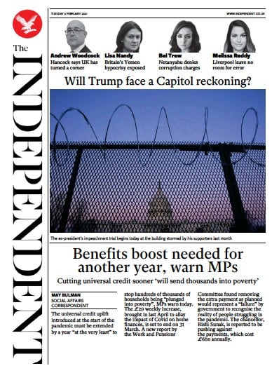 The Independent (UK) Newspaper Front Page for 9 February 2021