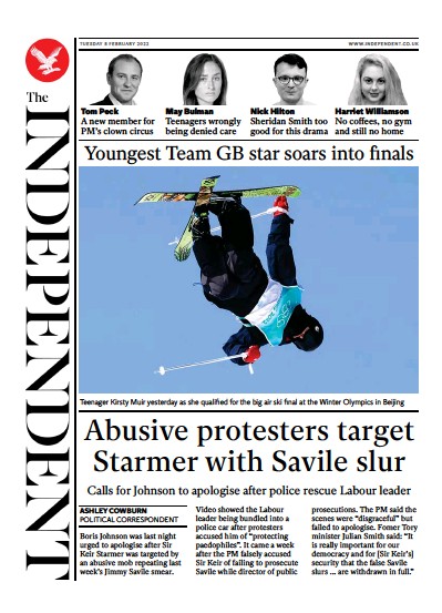 The Independent Newspaper Front Page for 9 February 2022