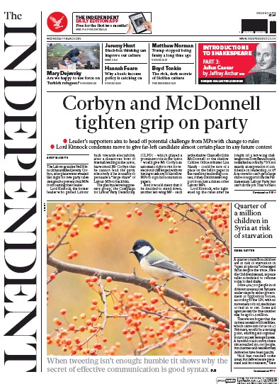 The Independent Newspaper Front Page for 9 March 2016