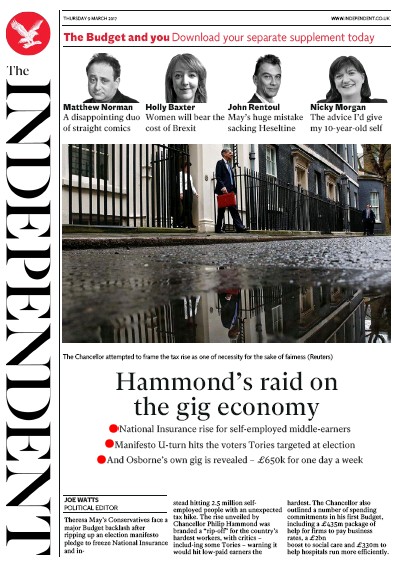 The Independent Newspaper Front Page for 9 March 2017