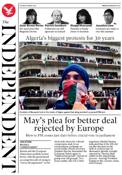 The Independent Newspaper Front Page for 9 March 2019