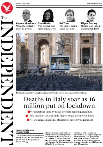 The Independent Newspaper Front Page for 9 March 2020