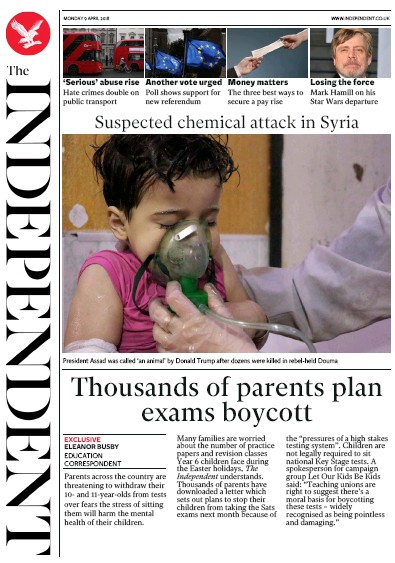 The Independent (UK) Newspaper Front Page for 9 April 2018