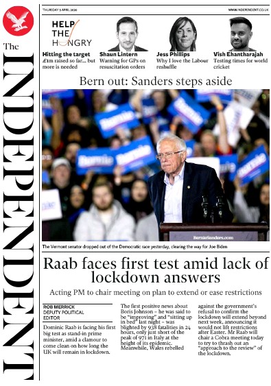The Independent (UK) Newspaper Front Page for 9 April 2020