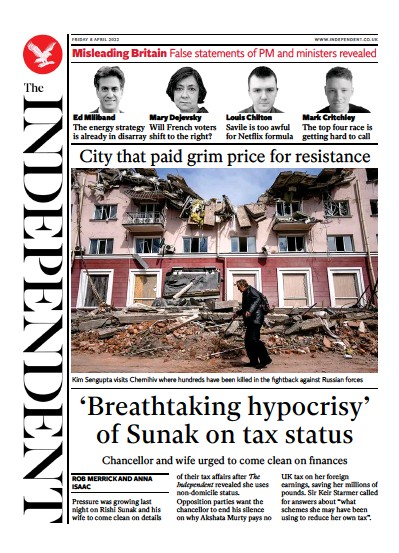 The Independent (UK) Newspaper Front Page for 9 April 2022