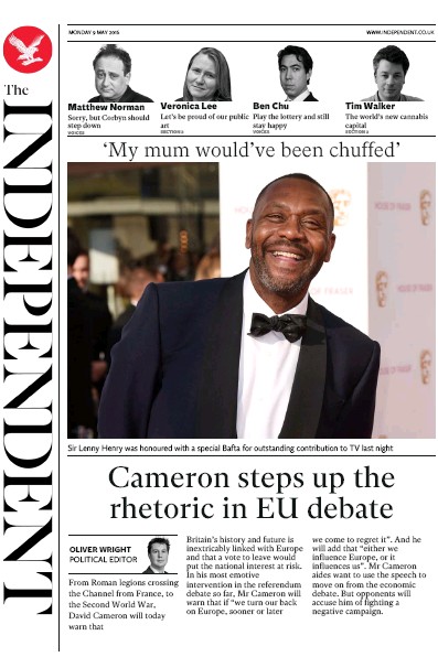 The Independent Newspaper Front Page for 9 May 2016
