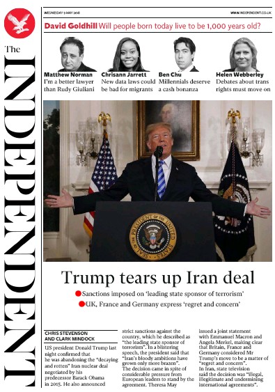 The Independent Newspaper Front Page for 9 May 2018