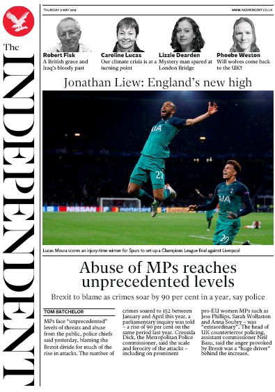 The Independent (UK) Newspaper Front Page for 9 May 2019