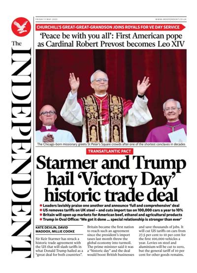 The Independent (UK) Newspaper Front Page for 9 May 2025