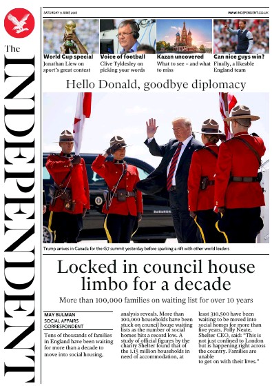 The Independent Newspaper Front Page for 9 June 2018