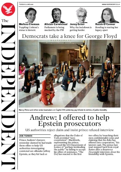 The Independent Newspaper Front Page for 9 June 2020