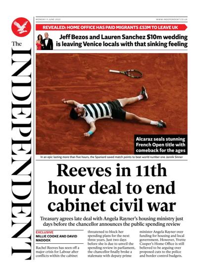 The Independent (UK) Newspaper Front Page for 9 June 2025