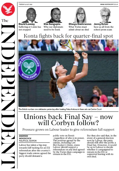 The Independent Newspaper Front Page for 9 July 2019