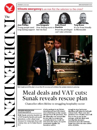 The Independent Newspaper Front Page for 9 July 2020
