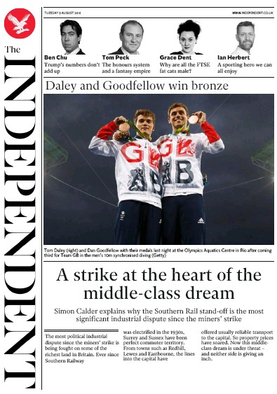 The Independent Newspaper Front Page for 9 August 2016