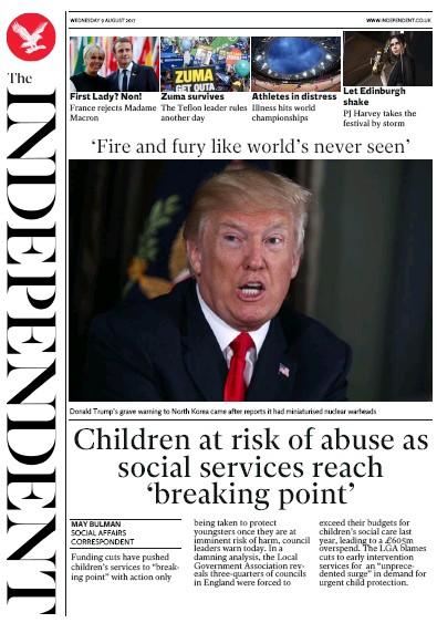The Independent Newspaper Front Page for 9 August 2017