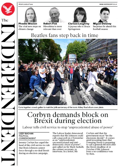 The Independent Newspaper Front Page for 9 August 2019