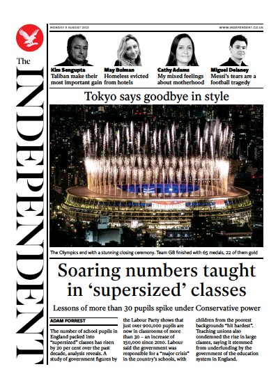The Independent (UK) Newspaper Front Page for 9 August 2021