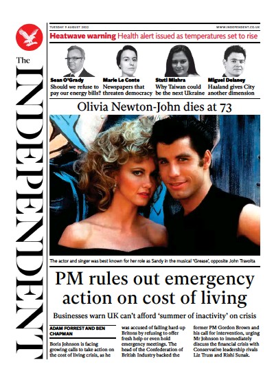The Independent (UK) Newspaper Front Page for 9 August 2022