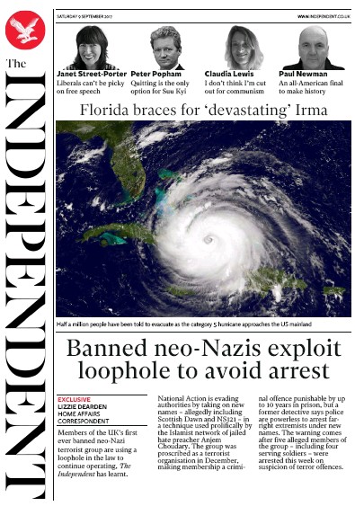 The Independent Newspaper Front Page for 9 September 2017