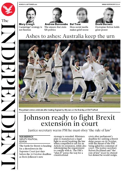 The Independent Newspaper Front Page for 9 September 2019
