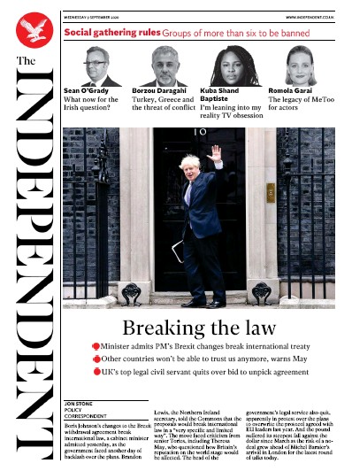 The Independent Newspaper Front Page for 9 September 2020