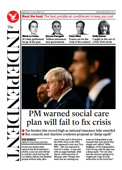 The Independent (UK) Newspaper Front Page for 9 September 2021