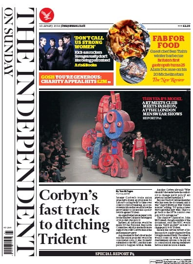 The Independent on Sunday (UK) Newspaper Front Page for 10 January 2016