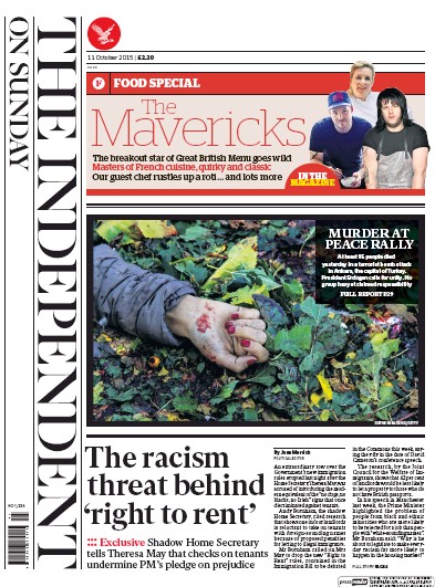 The Independent on Sunday (UK) Newspaper Front Page for 11 October 2015