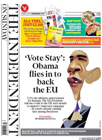 The Independent on Sunday (UK) Newspaper Front Page for 13 March 2016