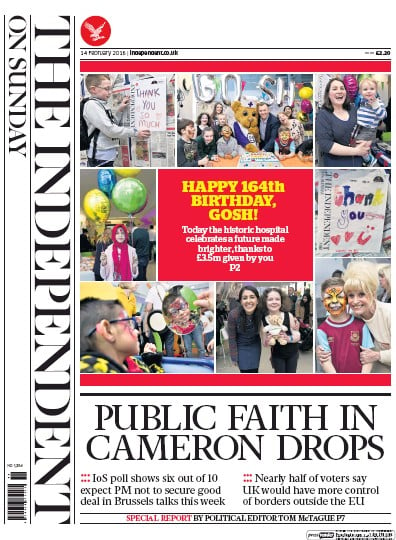 The Independent on Sunday (UK) Newspaper Front Page for 14 February 2016