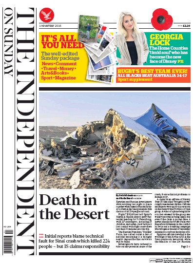 The Independent on Sunday (UK) Newspaper Front Page for 1 November 2015