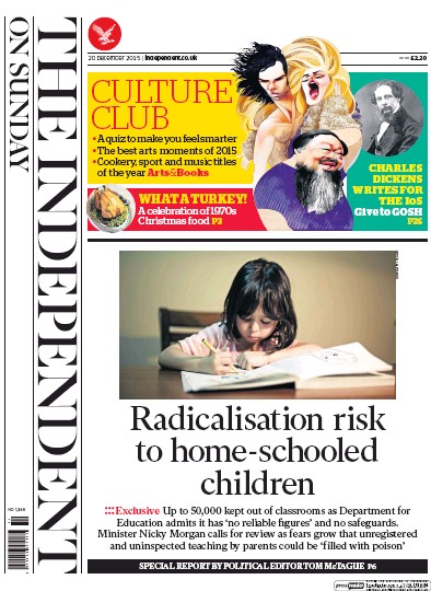 The Independent on Sunday (UK) Newspaper Front Page for 20 December 2015