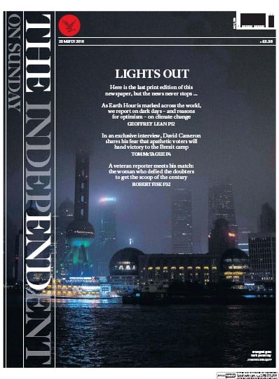 The Independent on Sunday (UK) Newspaper Front Page for 20 March 2016