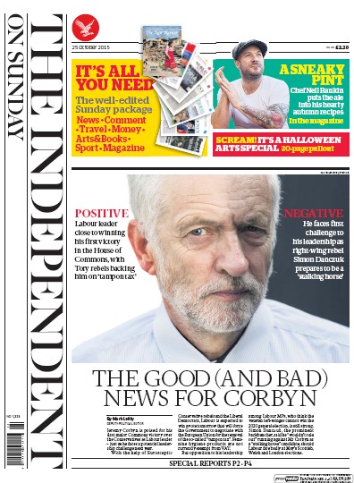 The Independent on Sunday (UK) Newspaper Front Page for 25 October 2015