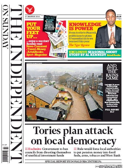 The Independent on Sunday (UK) Newspaper Front Page for 27 December 2015