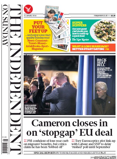 The Independent on Sunday (UK) Newspaper Front Page for 31 January 2016