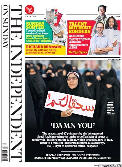The Independent on Sunday (UK) Newspaper Front Page for 3 January 2016
