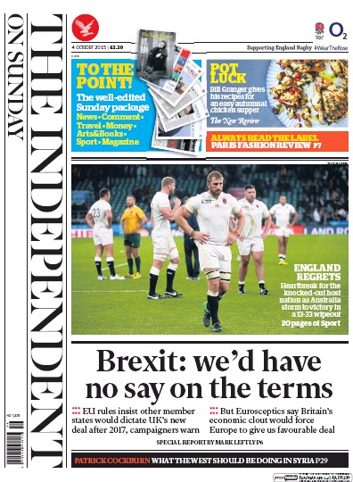 The Independent on Sunday (UK) Newspaper Front Page for 4 October 2015