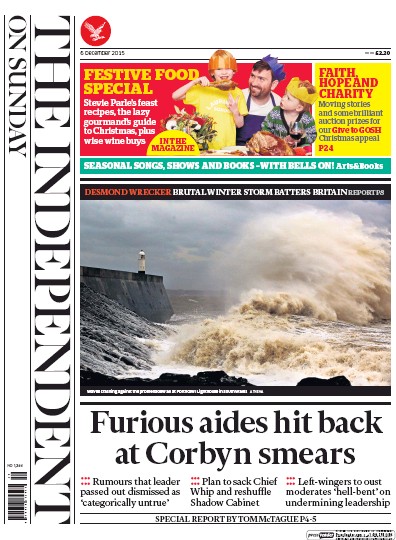 The Independent on Sunday (UK) Newspaper Front Page for 6 December 2015