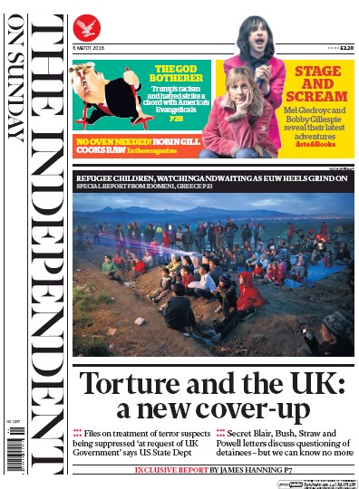 The Independent on Sunday (UK) Newspaper Front Page for 6 March 2016